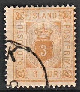 FRIMÆRKER ISLAND | 1876-95 - AFA 3 - Tjeneste - 3 aur gul tk. 14 - Stemplet